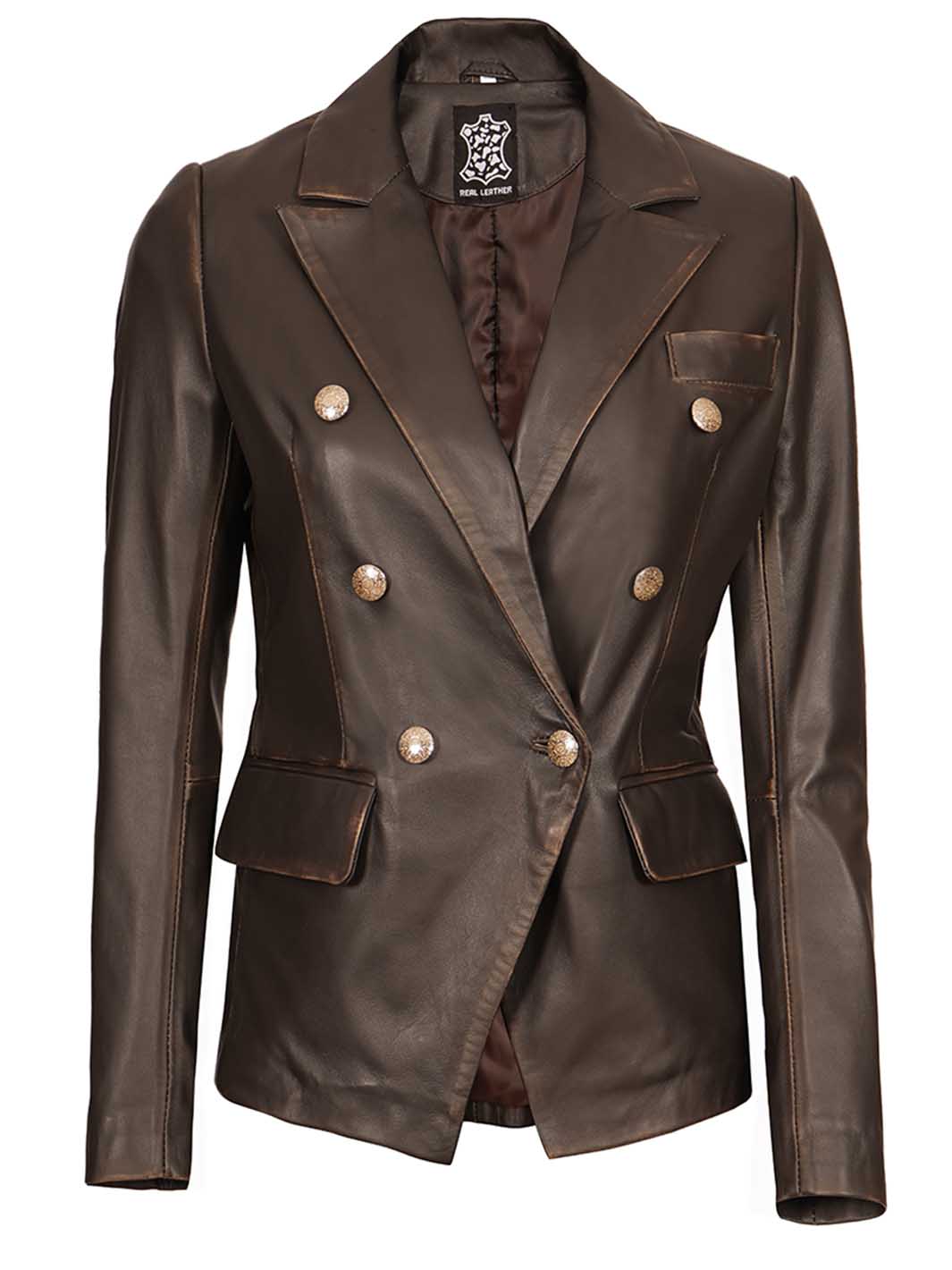 Womens Brown Leather Blazer double Breasted
