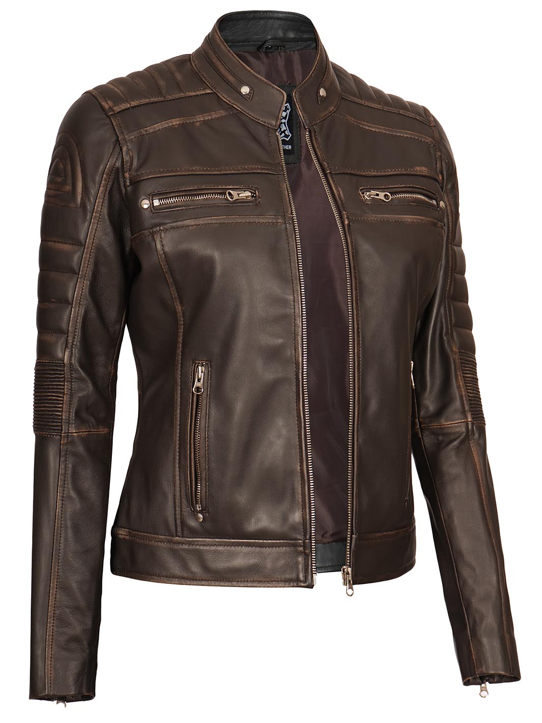Womens Cafe Racer Brown Leather Jacket