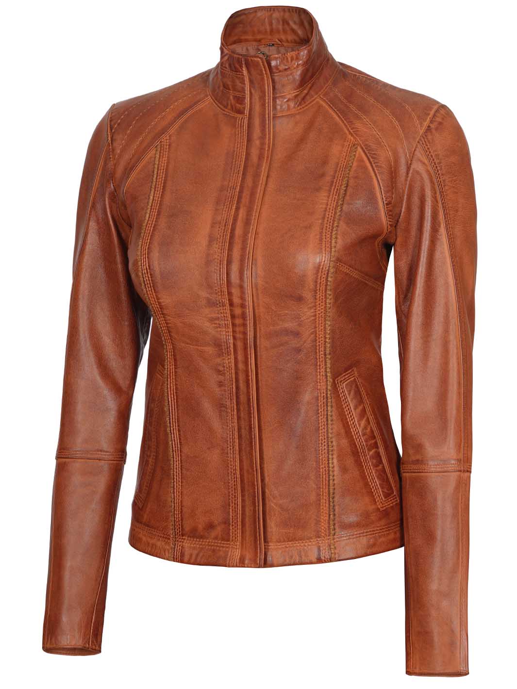 Womens Cognac Cafe Racer Real Lambskin Leather Jacket