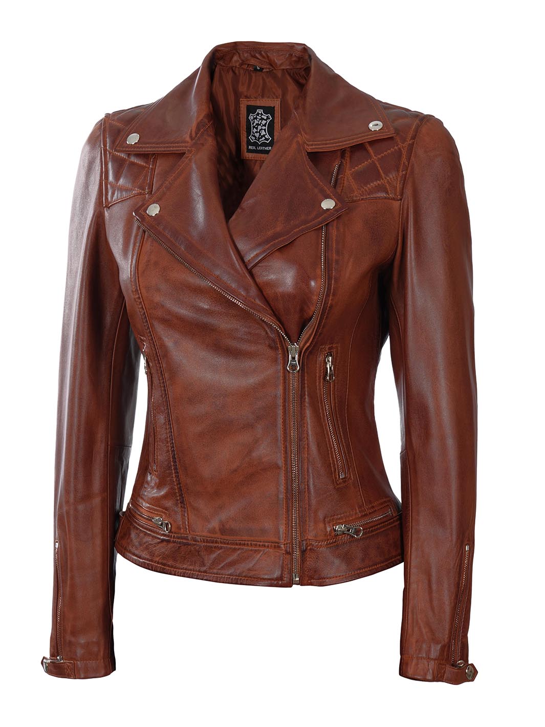 Asymmetrical Women Cognac Quilted Leather Jacket
