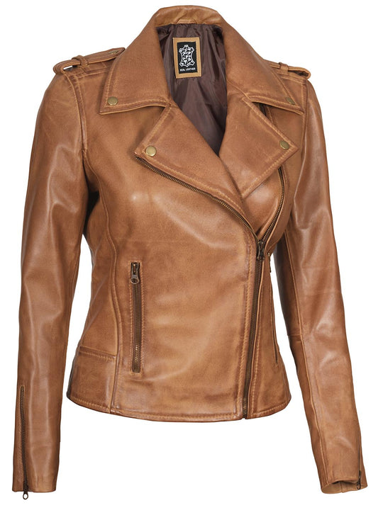Kirsten Womens Camel Brown Double Rider Leather Jacket