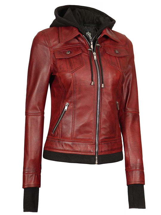 Maroon Leather Jacket with Removable hood