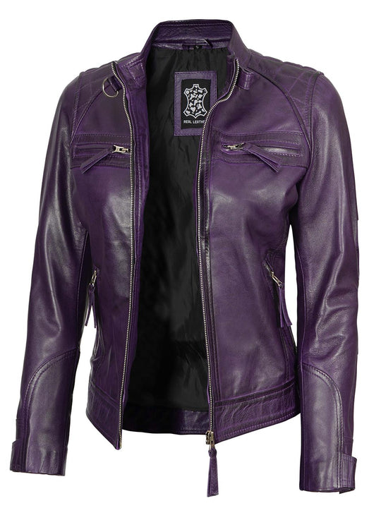 Purple quilted leather jacket womens