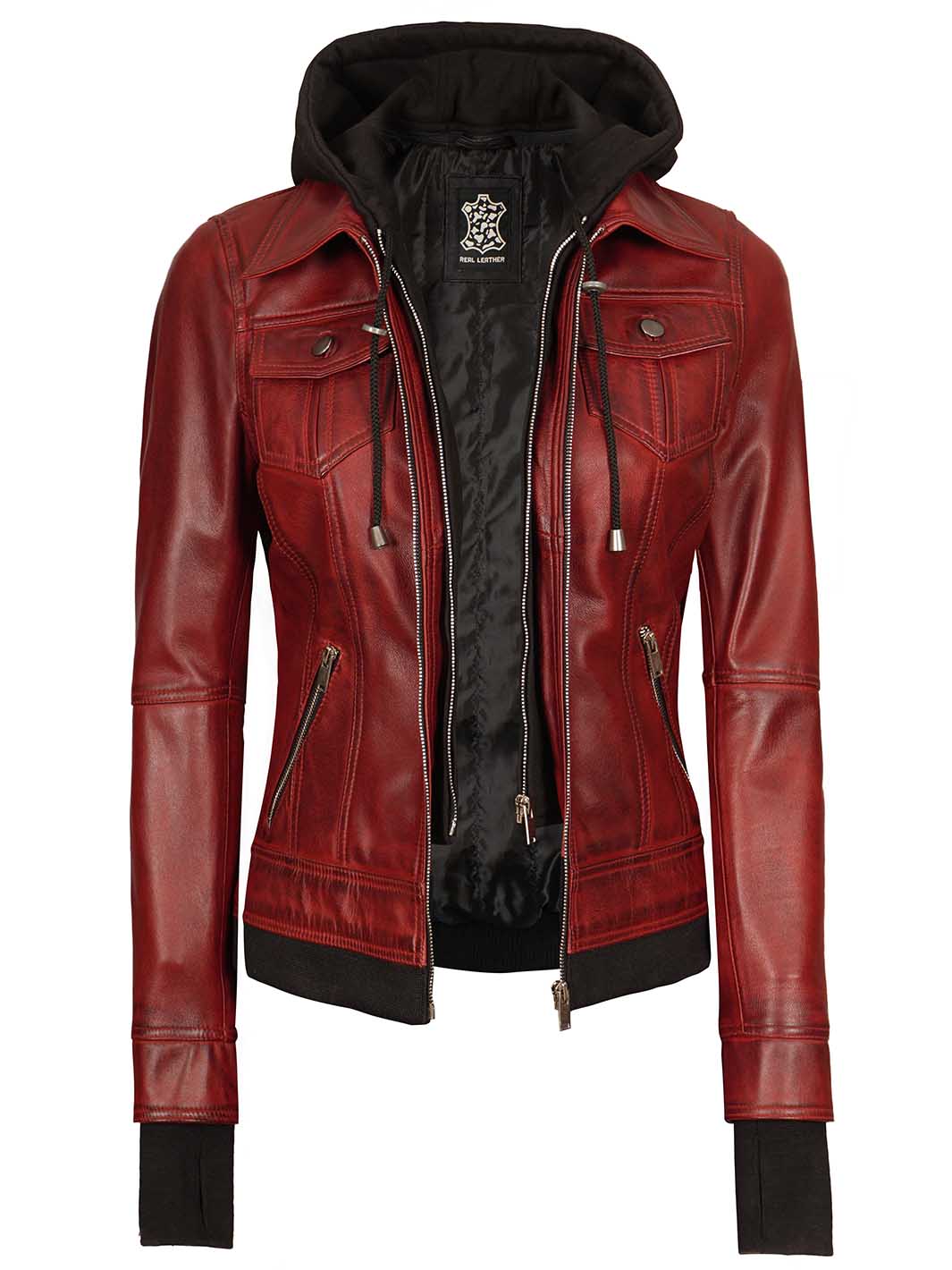 Maroon Leather Jacket with Removable hood