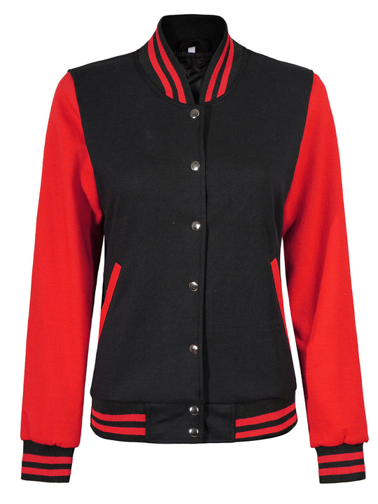 Womens Red & Black Plain Varsity Jacket
