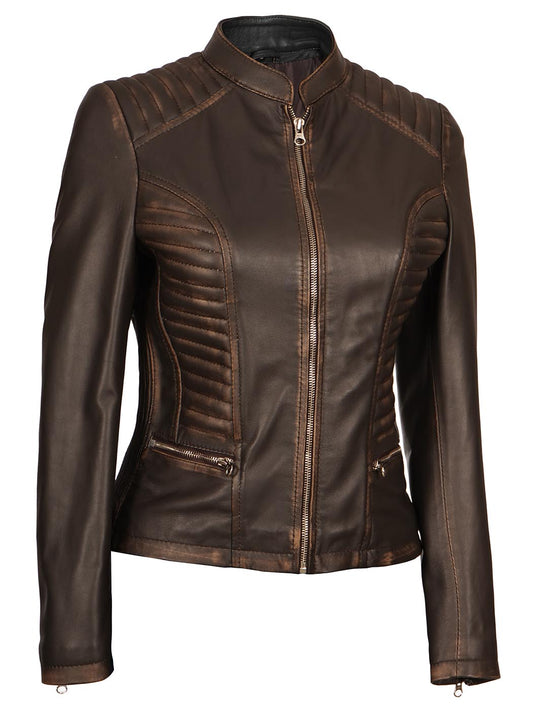 Womens Brown Ruboff Biker Leather Jacket