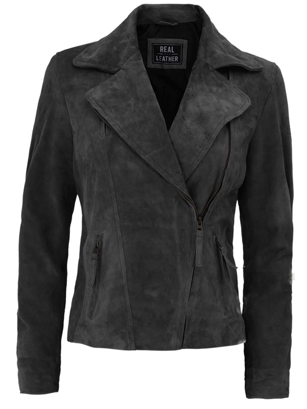 Asymmetrical Women Grey Suede Leather Jacket