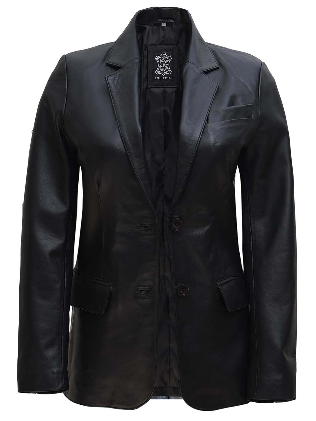Womens Two Button Black Leather Blazer Jacket