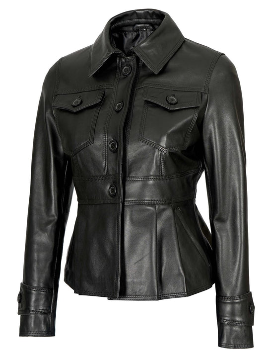 Womens Peplum Shirt Collar Real Lambskin Leather Jacket