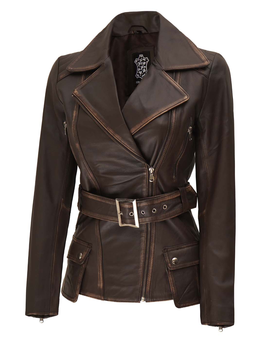 Women's Distressed Brown Asymmetrical Leather Jacket – Decrum