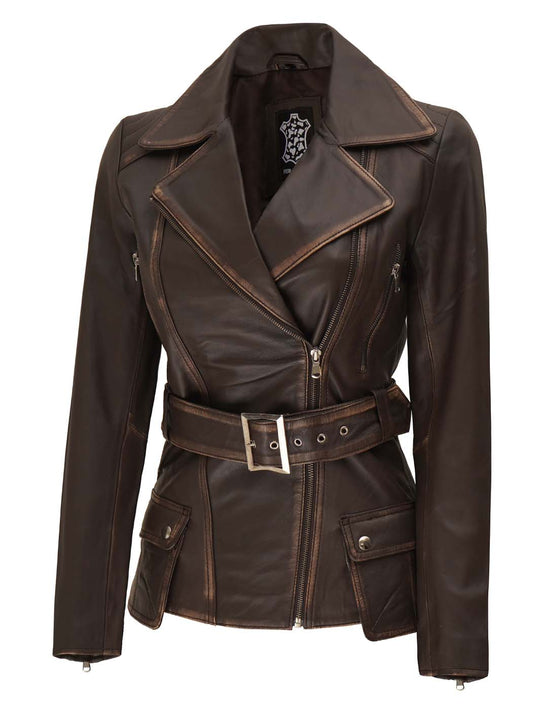 belted brown leather jacket women