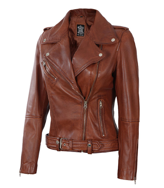 Cognac Biker Asymmetrical Ladies Leather Jacket