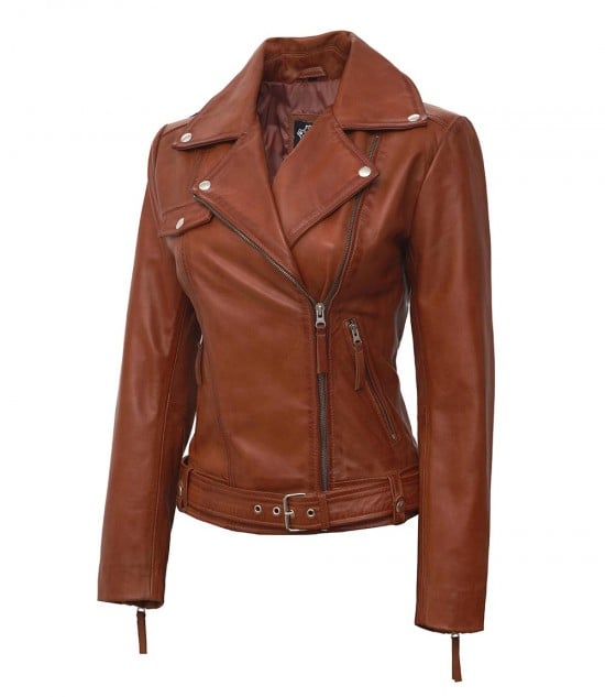 tan biker women leather jacket