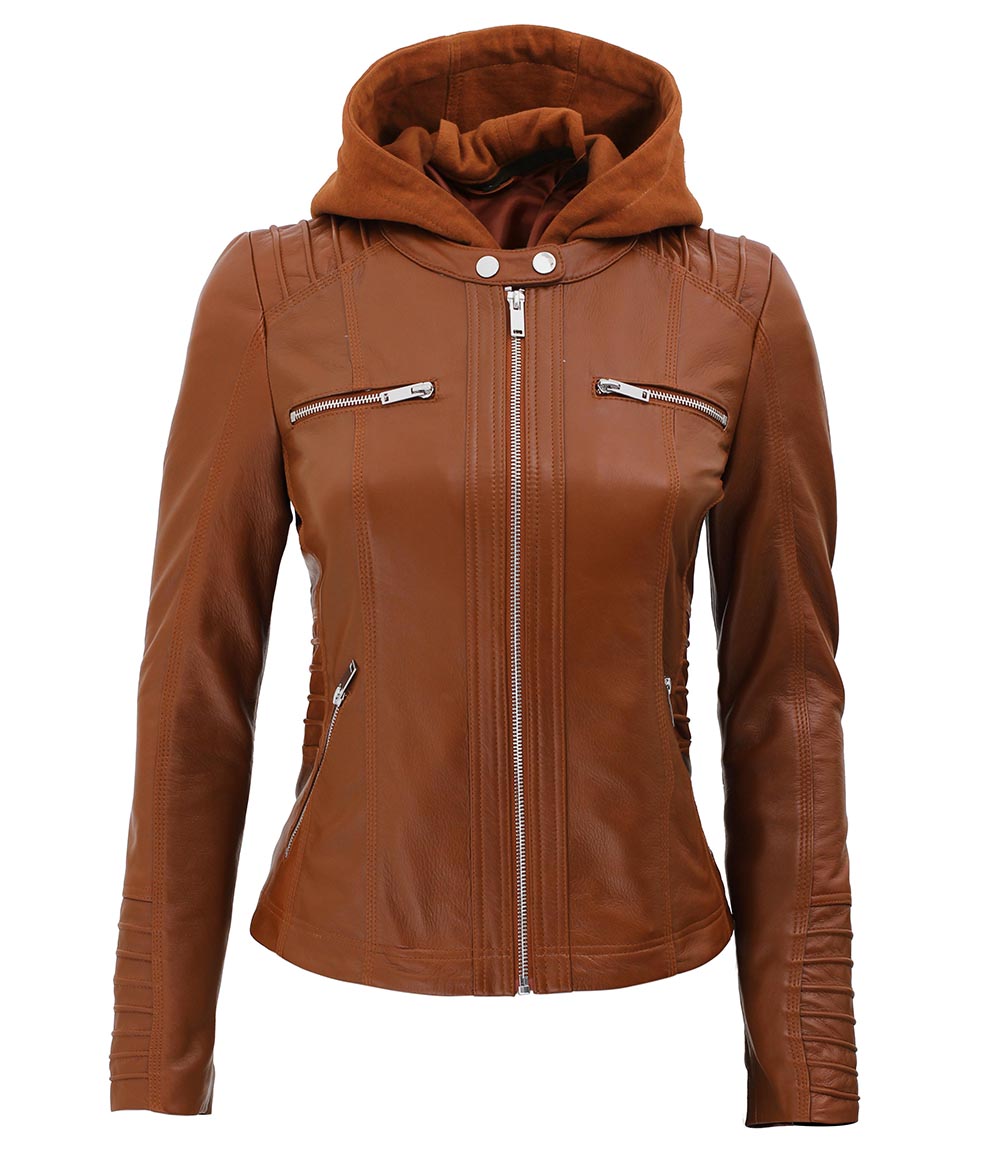 Womens Brown Cafe Racer Leather Jacket With Removable Hood