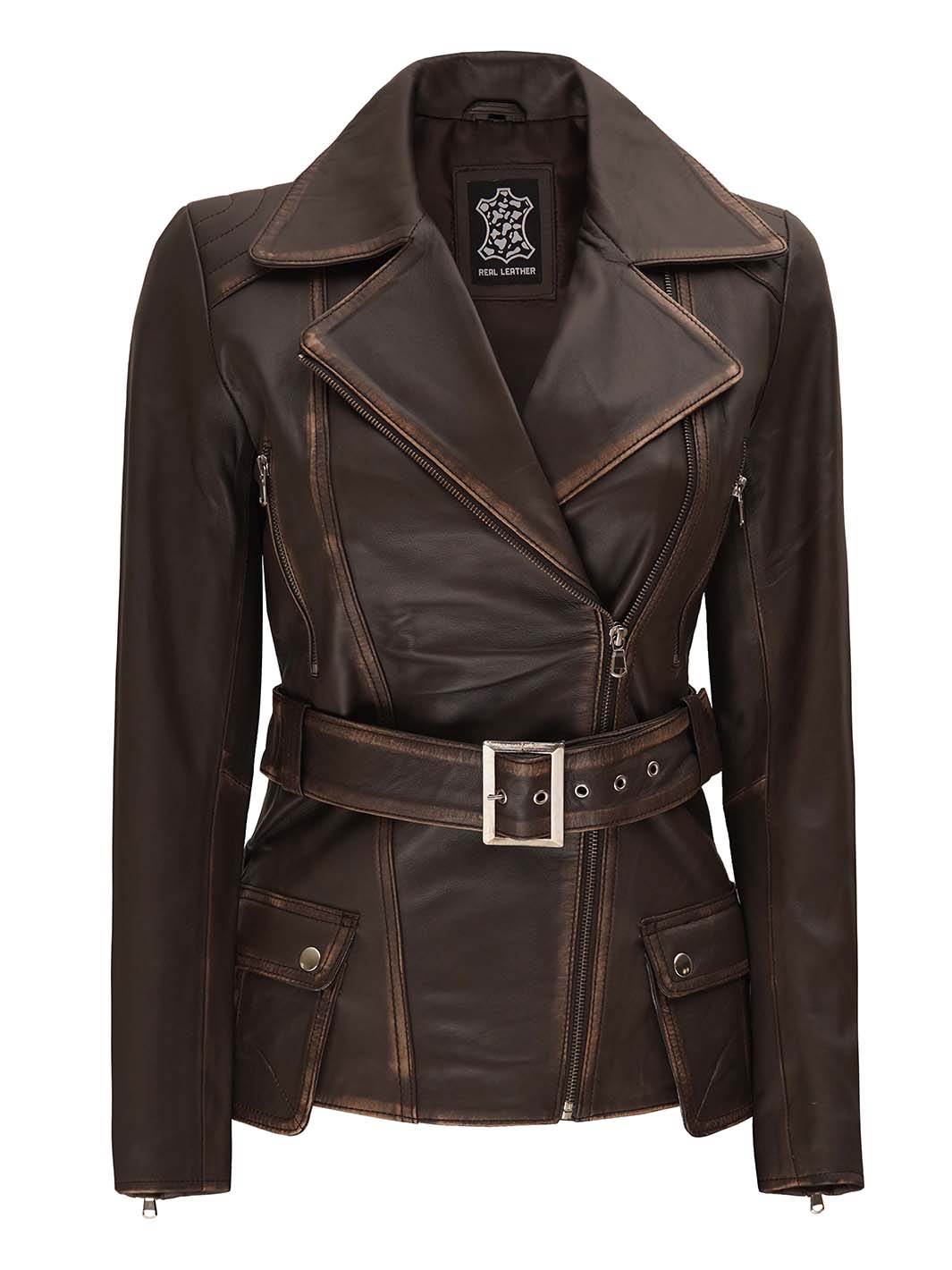 Distressed brown leather jacket women