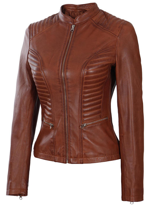 biker cognac women leather jacket