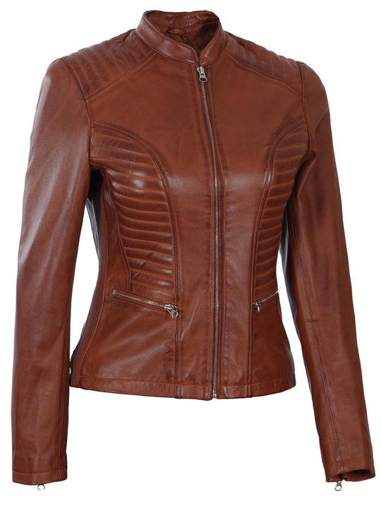 cognac women biker leather jacket