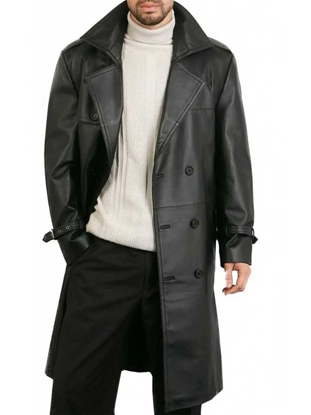 Mens Black Duster Overcoat Jacket with Real Leather | Stylish Charm ...