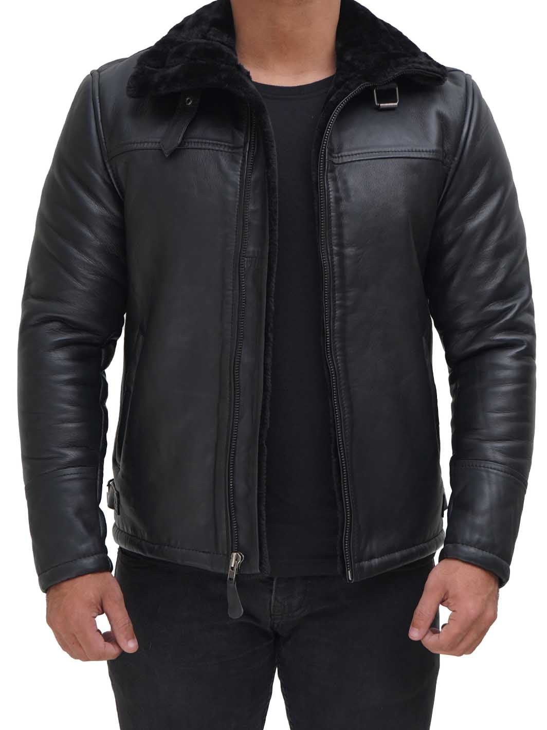Men's Black Shearling Leather Bomber Jacket | Cozy & Trendy – Decrum