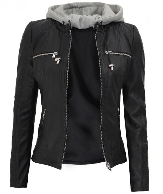 hooded women leather jacket