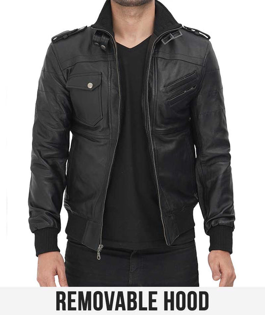 Edinburgh Mens Black Bomber Leather Jacket With Removable Hood
