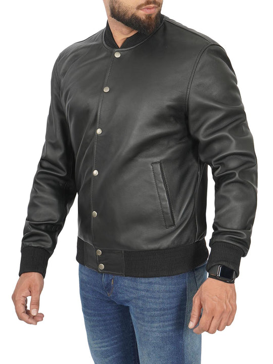 mens black bomber style leather jacket