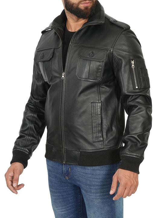 bomber black leather jacket
