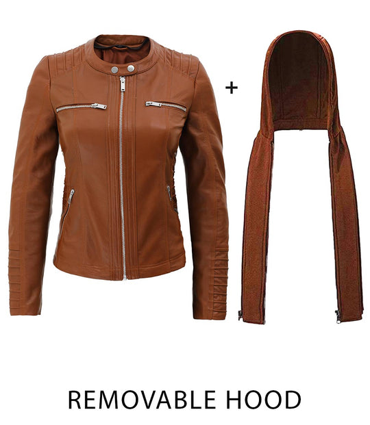 Brown leather jacket with hood