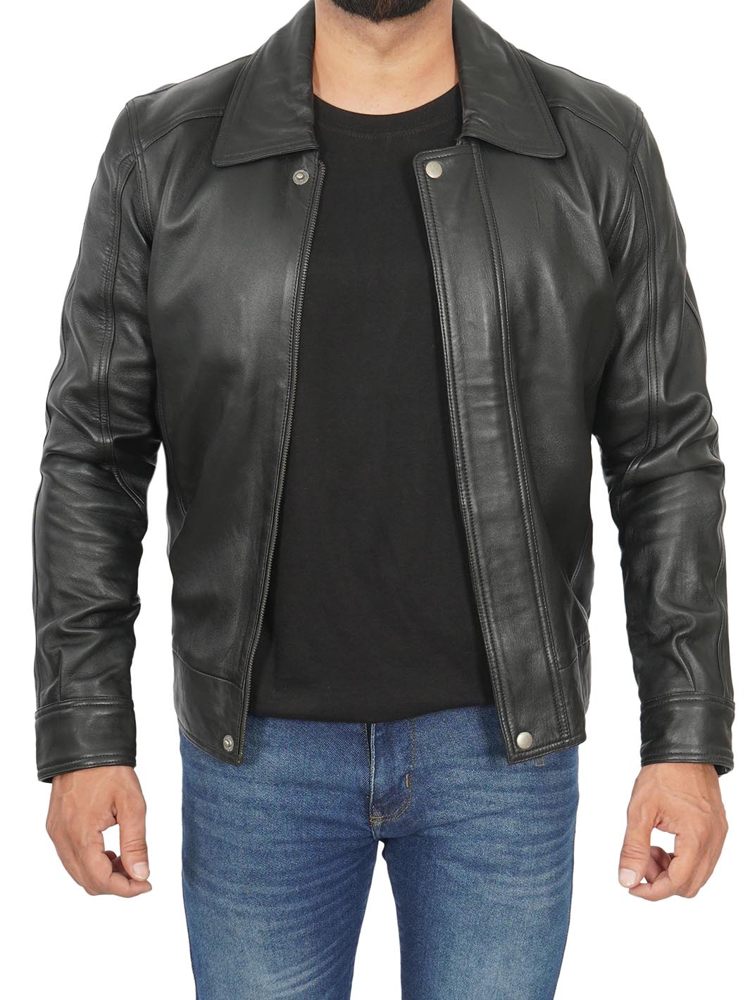shirt collar mens leather jacket