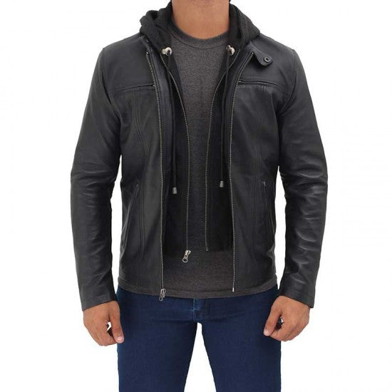 Mens Black Cafe Racer Leather Jacket with Removable Hood – Decrum