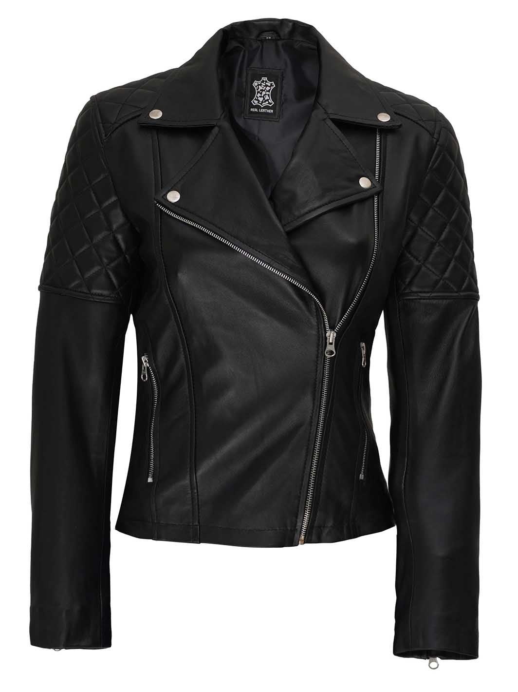 women quilted moto leather jacket