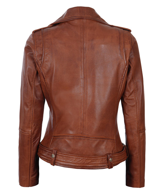 Cognac Biker Asymmetrical Ladies Leather Jacket
