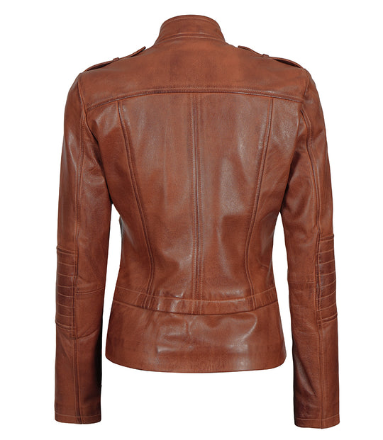 Monica Womens Cognac Asymmetrical Cafe Racer Leather Jacket