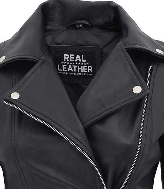 Women Asymmetrical zipper Black Biker real lambskin leather jacket