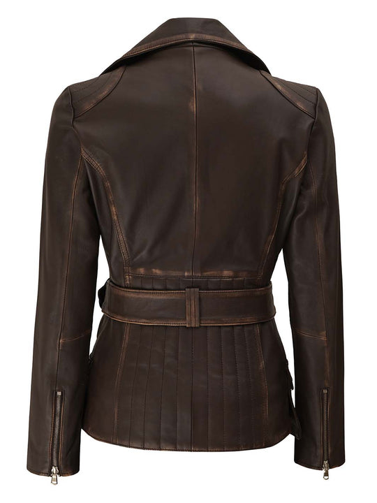 womens distressed brown belted jacket