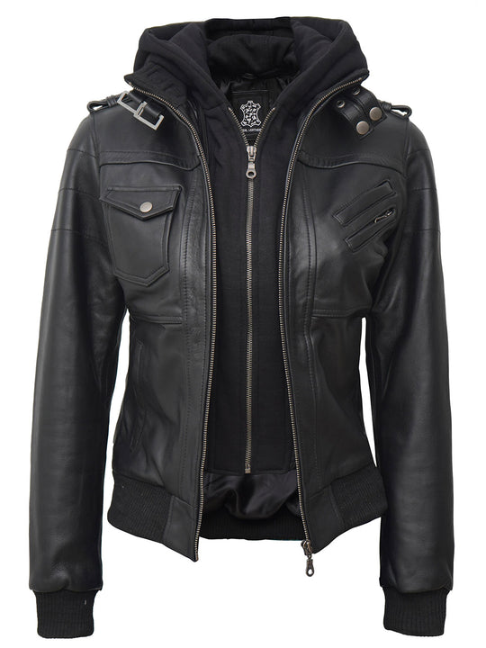 Womens Black Hooded Leather Jacket